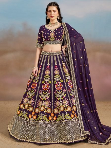 Floral Luxe Wine Georgette Bridal Lehenga with Multi Thread Embroidery  For Wedding Bridal Lehenga Choli