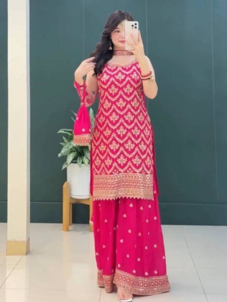 Luxury Faux Georgette Palazzo Suit with Embroidery Dupatta and Potli Party Wear Ready To Wear Suit