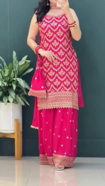 Luxury Faux Georgette Palazzo Suit with Embroidery Dupatta and Potli Party Wear Ready To Wear Collection