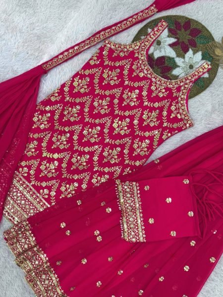 Luxury Faux Georgette Palazzo Suit with Embroidery Dupatta and Potli Party Wear Ready To Wear Collection