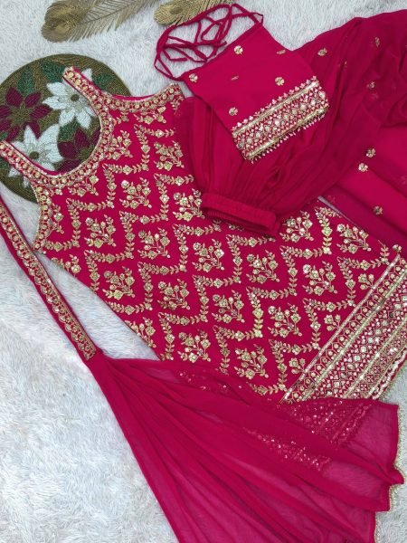 Luxury Faux Georgette Palazzo Suit with Embroidery Dupatta and Potli Party Wear Ready To Wear Collection