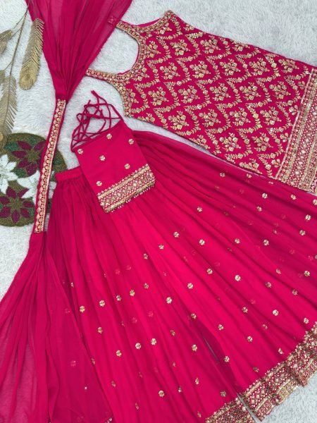 Luxury Faux Georgette Palazzo Suit with Embroidery Dupatta and Potli Party Wear Ready To Wear Collection