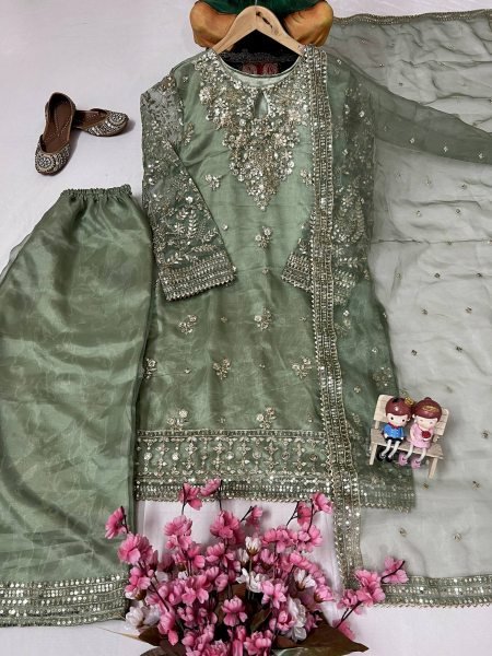 Luxury Embroidered Organza Silk Kurti Set with Palazzo   Fancy Dupatta Ready for Celebrations Ready To Wear Collection