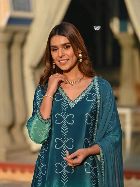 Luxury Ethnic Wear   Soft Chinnon Silk Kurti Set with Intricate Handwork   Dupatta 3 Piece Kurti Set
