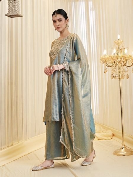 Luxury Fandy Silk Embroidered Kurti Pant Set with Dupatta For Wedding And Party Wear Embroidery Kurtis 