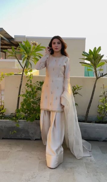 Luxury Farshi Suit Embroidered Satin Top   Plazzo with Organza Silk Dupatta Set Ready To Wear Collection