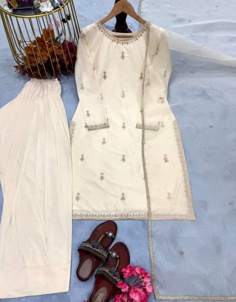 Luxury Farshi Suit Embroidered Satin Top   Plazzo with Organza Silk Dupatta Set Ready To Wear Collection