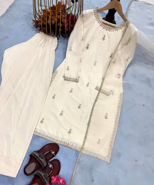 Luxury Farshi Suit Embroidered Satin Top   Plazzo with Organza Silk Dupatta Set Ready To Wear Collection