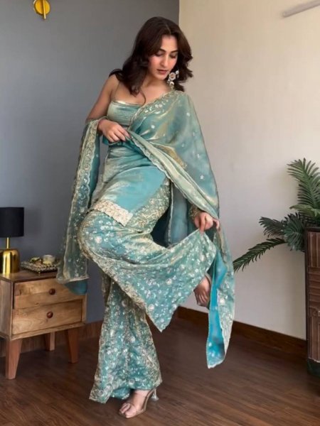 Luxury Fendy Silk Kurti Palazzo Set with Embroidered Dupatta 