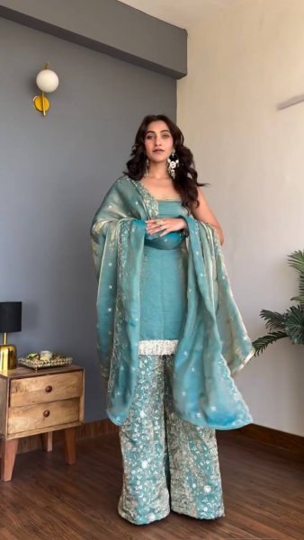 Luxury Fendy Silk Kurti Palazzo Set with Embroidered Dupatta Ready To Wear Collection