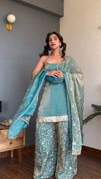 Luxury Fendy Silk Kurti Palazzo Set with Embroidered Dupatta Ready To Wear Collection