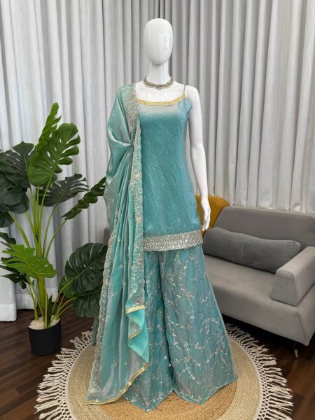 Luxury Fendy Silk Kurti Palazzo Set with Embroidered Dupatta Ready To Wear Collection