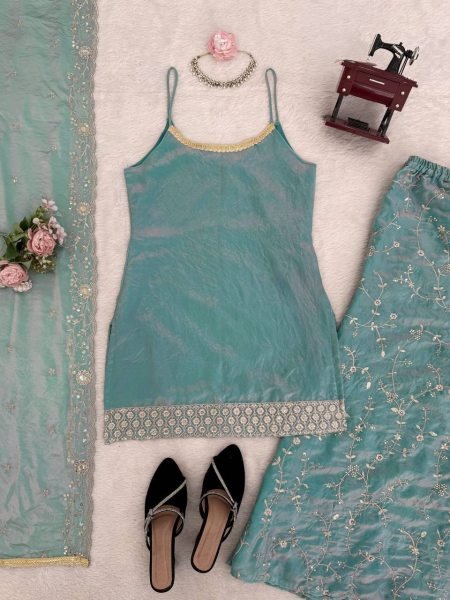 Luxury Fendy Silk Kurti Palazzo Set with Embroidered Dupatta Ready To Wear Collection