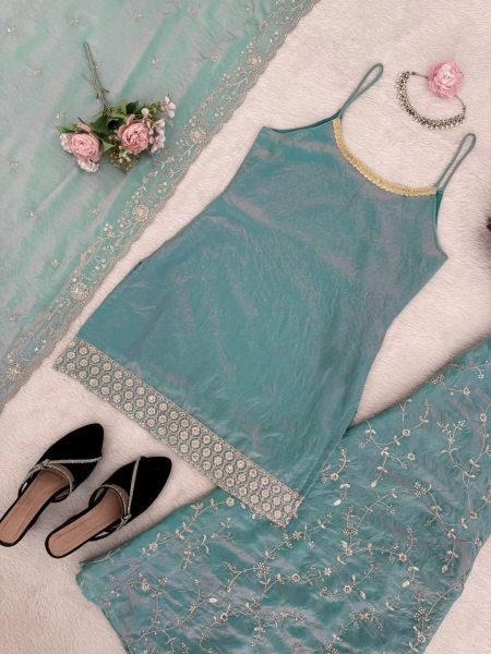 Luxury Fendy Silk Kurti Palazzo Set with Embroidered Dupatta Ready To Wear Collection