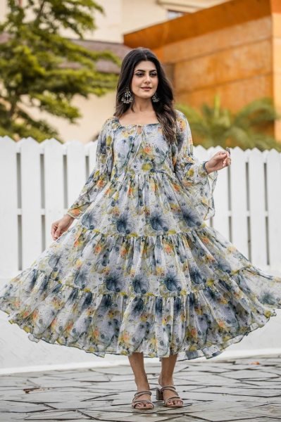 Luxury Floral & Geometric Print Kurti with 4-Meter Flair Tunics kurti