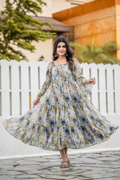 Luxury Floral & Geometric Print Kurti with 4-Meter Flair Tunics kurti