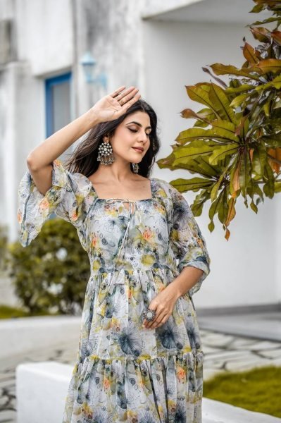 Luxury Floral & Geometric Print Kurti with 4-Meter Flair Tunics kurti