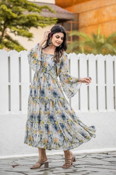 Luxury Floral & Geometric Print Kurti with 4-Meter Flair Tunics kurti