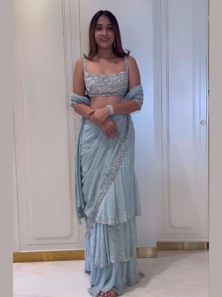 Luxury Frill Saree in Faux Georgette with Embroidered Blouse Perfect for VIP Evenings Sarees 