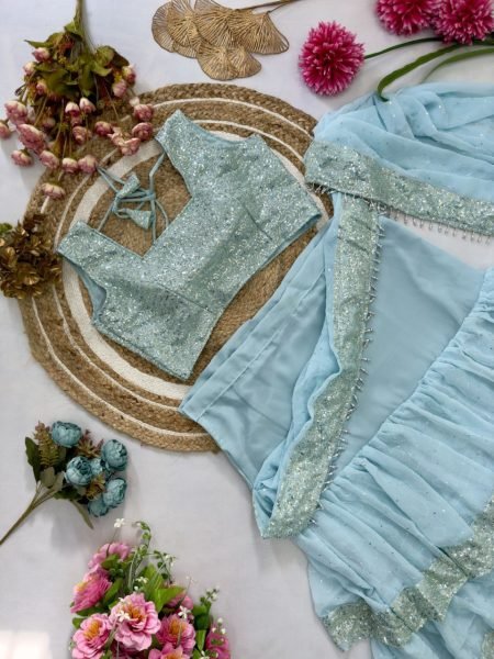 Luxury Frill Saree in Faux Georgette with Embroidered Blouse Perfect for VIP Evenings Ready To Wear Saree 
