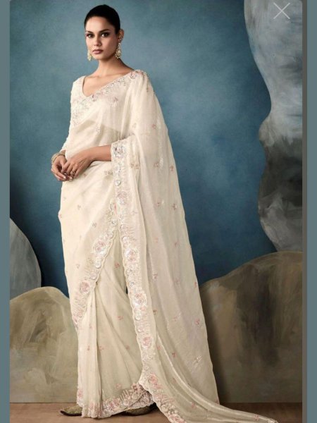 Luxury Gold Crushed Saree with Sequin Thread Work &  Mirror Blouse Party Perfect Sarees 