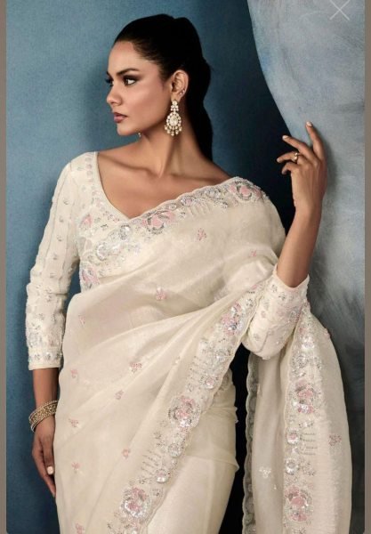 Luxury Gold Crushed Saree with Sequin Thread Work &  Mirror Blouse Party Perfect Bollywood Fancy Sarees Wholesale