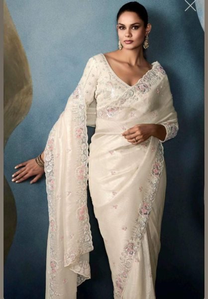 Luxury Gold Crushed Saree with Sequin Thread Work &  Mirror Blouse Party Perfect Bollywood Fancy Sarees Wholesale