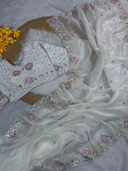 Luxury Gold Crushed Saree with Sequin Thread Work &  Mirror Blouse Party Perfect Bollywood Fancy Sarees Wholesale