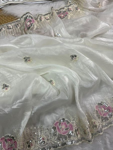 Luxury Gold Crushed Saree with Sequin Thread Work &  Mirror Blouse Party Perfect Bollywood Fancy Sarees Wholesale
