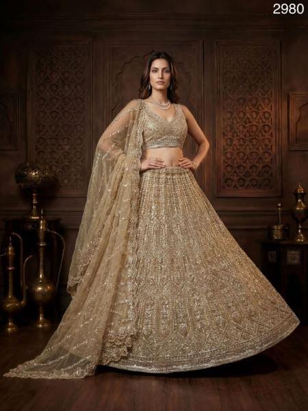 Luxury Golden Beads & Motif HandWork Lehenga Choli For Wedding Wear At Manufacturer Rate 
