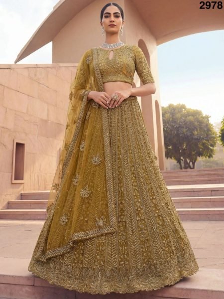 Luxury Golden Designer Lehenga with Heavy Handwork for Bridal Wear  Lehenga