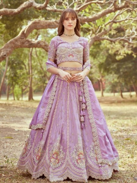 Luxury Heavy Bridal Tissue Lehenga Lavender Gold Multi Embroidery Cream Crush Moti Dupatta Surat Export Design Trendy Collection for Dealers  Lehenga