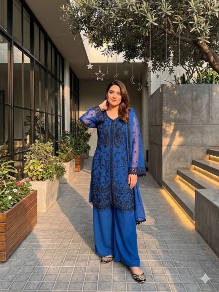 Luxury Impact Blue Georgette Sequence Embroidered Top Bottom Set with Dupatta Ready To Wear Suit