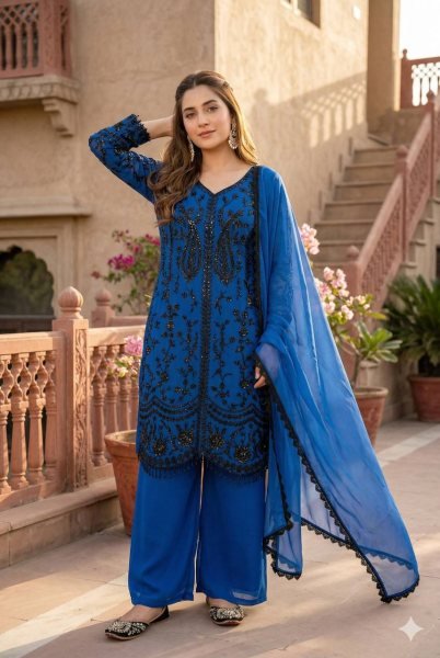 Luxury Impact Blue Georgette Sequence Embroidered Top Bottom Set with Dupatta Ready To Wear Collection