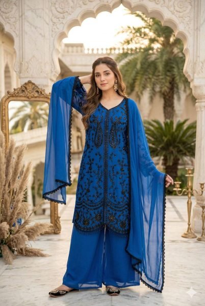Luxury Impact Blue Georgette Sequence Embroidered Top Bottom Set with Dupatta Ready To Wear Collection