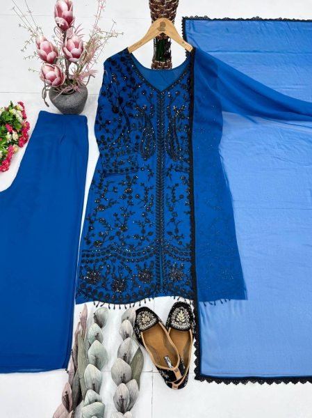 Luxury Impact Blue Georgette Sequence Embroidered Top Bottom Set with Dupatta Ready To Wear Collection