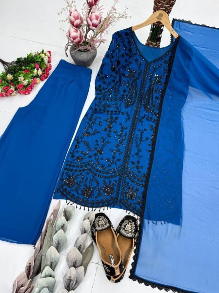Luxury Impact Blue Georgette Sequence Embroidered Top Bottom Set with Dupatta Ready To Wear Collection