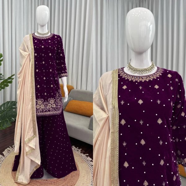Luxury Inspired Wine Velvet  Both Side Work Suit for Wholesaler at Manufacturer Rate Ready To Wear Collection