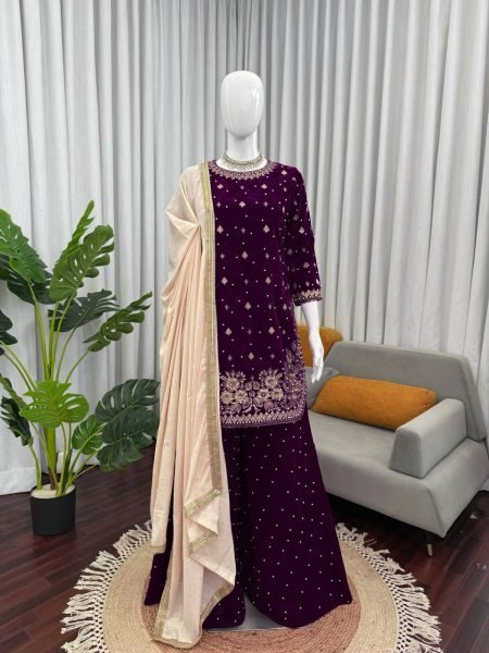 Luxury Inspired Wine Velvet  Both Side Work Suit for Wholesaler at Manufacturer Rate Ready To Wear Collection