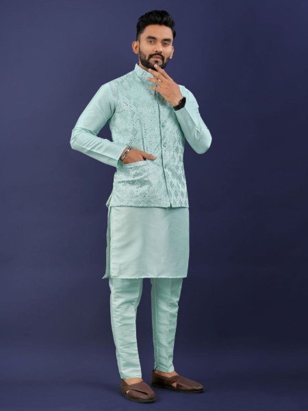 Luxury Jacket Style Kurta Pajama for Men Partywear Outfit Kurta Pajama Wholesale