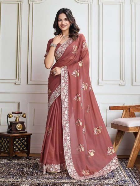 dusty rose georgette saree with sequin thread embroidery elegant wedding wear pick