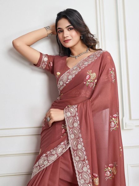 dusty rose georgette saree with sequin thread embroidery elegant wedding wear pick Georgette Sarees Wholesale