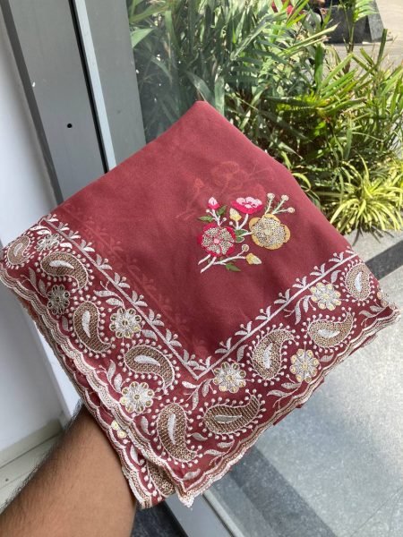 dusty rose georgette saree with sequin thread embroidery elegant wedding wear pick Georgette Sarees Wholesale