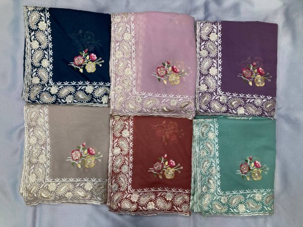 dusty rose georgette saree with sequin thread embroidery elegant wedding wear pick Georgette Sarees Wholesale