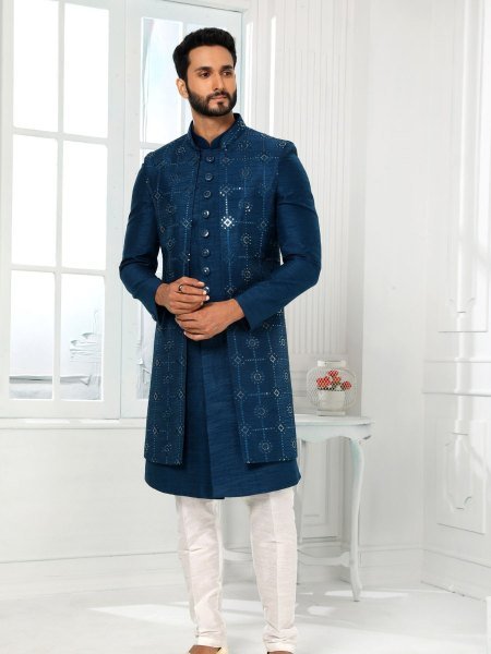 Luxury Teal Blue Mens Ethnic Jacket Set for Groom Wear and Reception Look Mens Wear