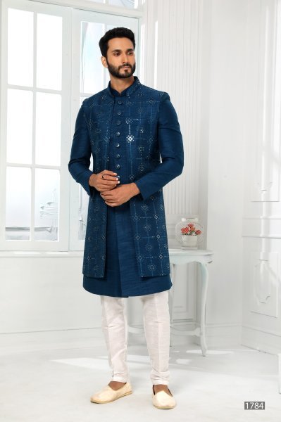 Luxury Teal Blue Mens Ethnic Jacket Set for Groom Wear and Reception Look Kurta Pajama Wholesale