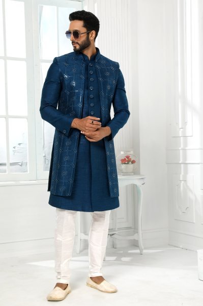 Luxury Teal Blue Mens Ethnic Jacket Set for Groom Wear and Reception Look Kurta Pajama Wholesale