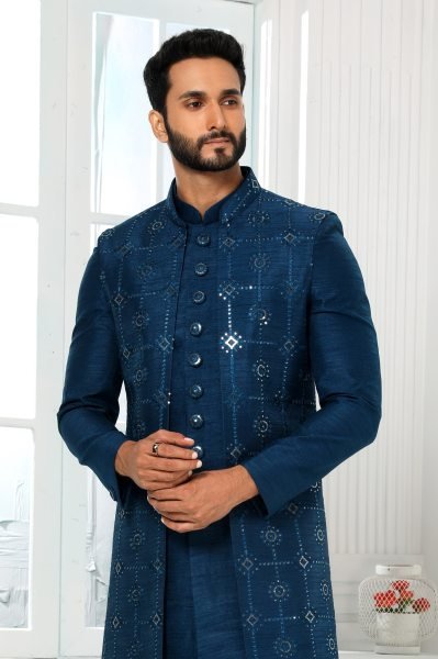 Luxury Teal Blue Mens Ethnic Jacket Set for Groom Wear and Reception Look Kurta Pajama Wholesale