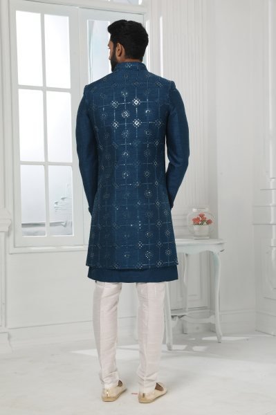 Luxury Teal Blue Mens Ethnic Jacket Set for Groom Wear and Reception Look Kurta Pajama Wholesale