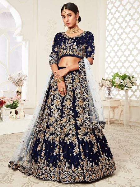 Luxury Navy Blue Velvet Lehenga Choli with Zari Diamond Work Best Offer from Manufacturer at Wholesale Price Bridal Lehenga Choli